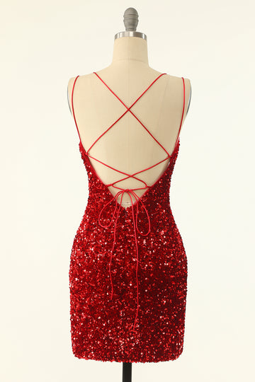 Red Sequins Tight Short Cocktail Dress